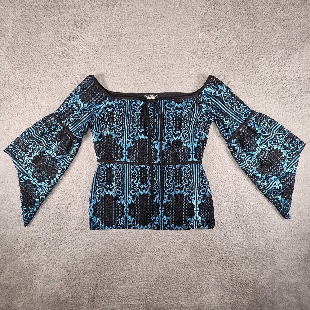 Venus Lace Off Shoulder Top Women S Blue Black Y2K‎ Witchy Whimsygoth Peasant